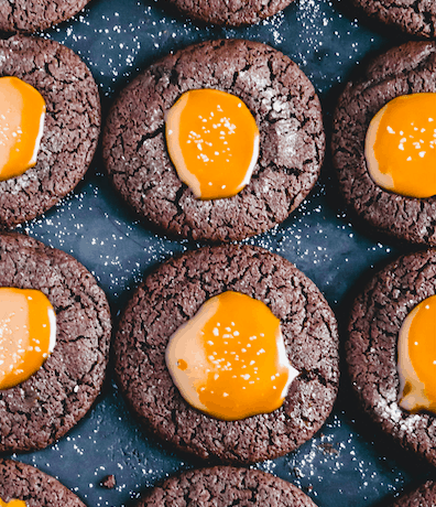 Finished Salted Caramel Chocolate Thumbprint Cookies
