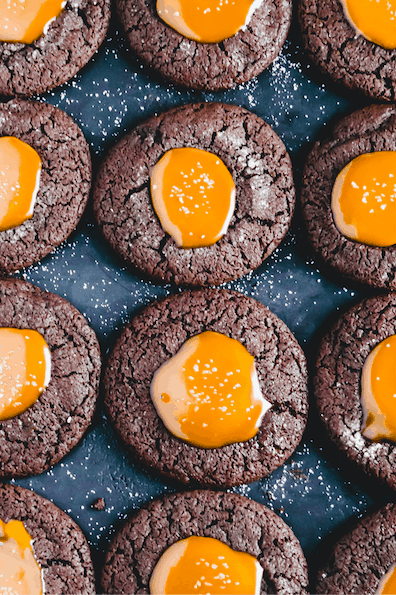 Finished Salted Caramel Chocolate Thumbprint Cookies