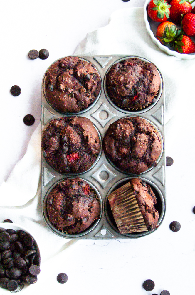Small batch chocolate strawberry muffins in their tin