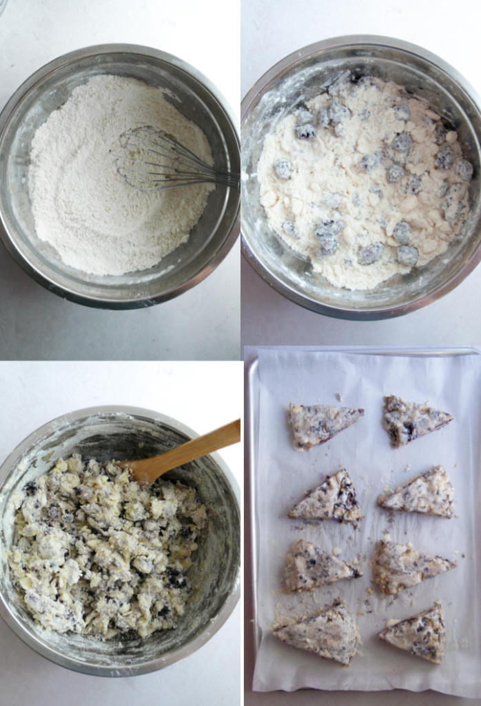 4 small photos of scone step by step shots in a grid. Shots are of mixing flour, adding butter, pouring in heavy cream, and slicing.