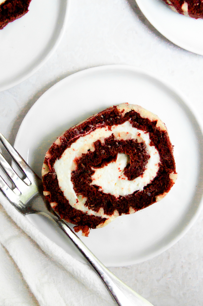One slice of red velvet roll cake