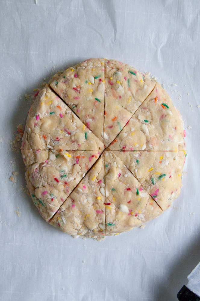 Unbaked birthday cake dough frozen and sliced