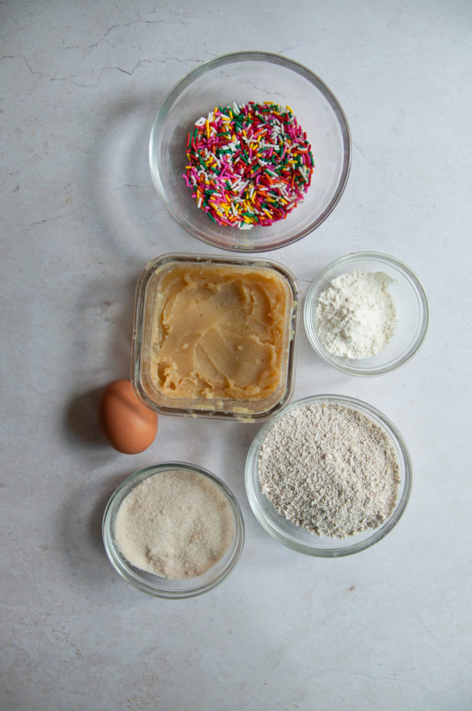 The sprinkle frangipane ingredients laid out in an overhead shot