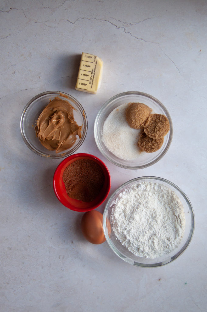 Overhead shot of small batch chewy cookie ingredients